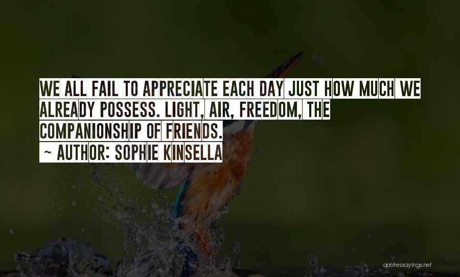 Sophie Kinsella Quotes: We All Fail To Appreciate Each Day Just How Much We Already Possess. Light, Air, Freedom, The Companionship Of Friends.