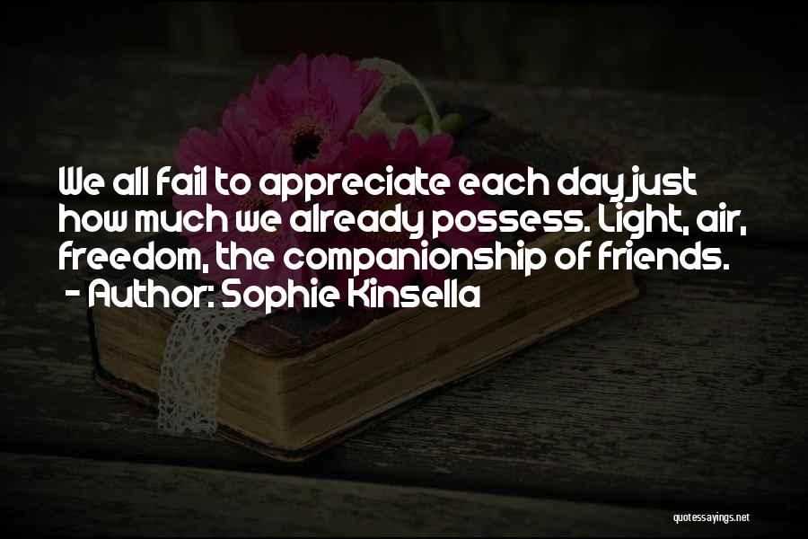 Sophie Kinsella Quotes: We All Fail To Appreciate Each Day Just How Much We Already Possess. Light, Air, Freedom, The Companionship Of Friends.