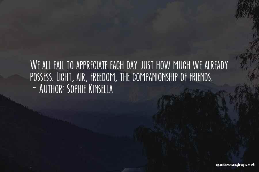 Sophie Kinsella Quotes: We All Fail To Appreciate Each Day Just How Much We Already Possess. Light, Air, Freedom, The Companionship Of Friends.