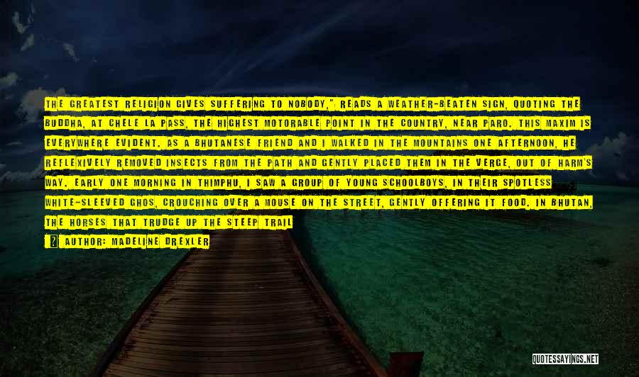 Madeline Drexler Quotes: The Greatest Religion Gives Suffering To Nobody, Reads A Weather-beaten Sign, Quoting The Buddha, At Chele La Pass, The Highest