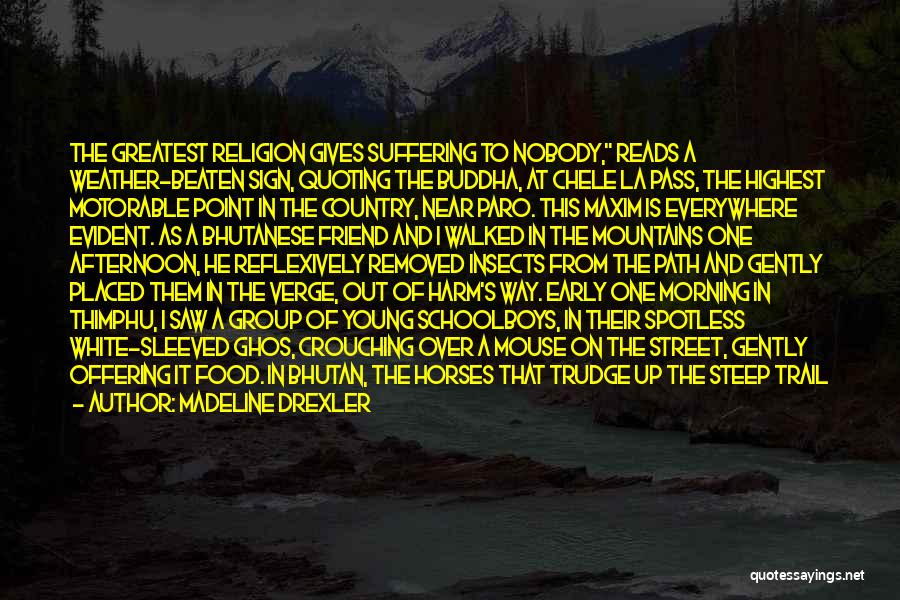 Madeline Drexler Quotes: The Greatest Religion Gives Suffering To Nobody, Reads A Weather-beaten Sign, Quoting The Buddha, At Chele La Pass, The Highest