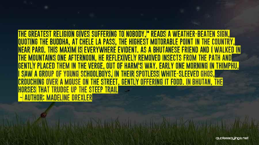 Madeline Drexler Quotes: The Greatest Religion Gives Suffering To Nobody, Reads A Weather-beaten Sign, Quoting The Buddha, At Chele La Pass, The Highest