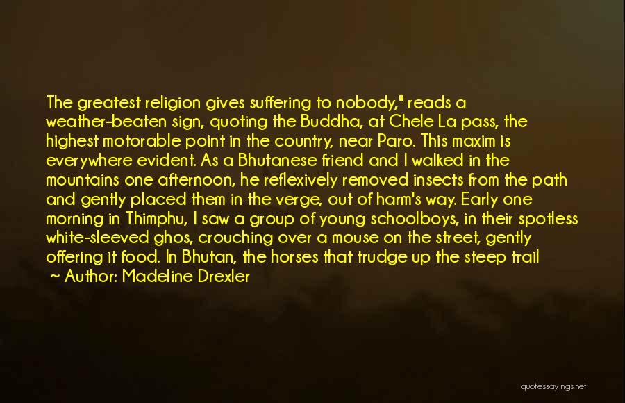 Madeline Drexler Quotes: The Greatest Religion Gives Suffering To Nobody, Reads A Weather-beaten Sign, Quoting The Buddha, At Chele La Pass, The Highest