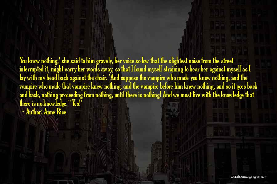 Anne Rice Quotes: You Know Nothing,' She Said To Him Gravely, Her Voice So Low That The Slightest Noise From The Street Interrupted