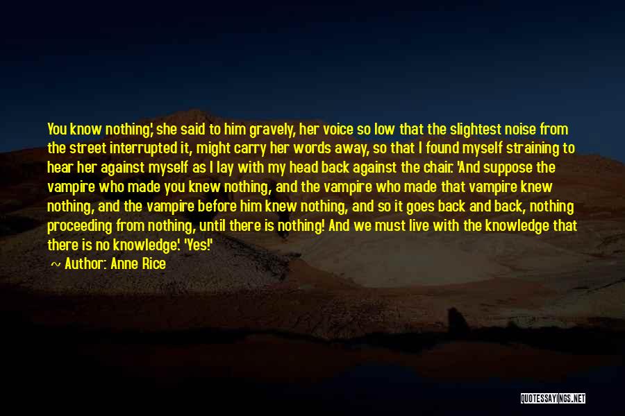 Anne Rice Quotes: You Know Nothing,' She Said To Him Gravely, Her Voice So Low That The Slightest Noise From The Street Interrupted
