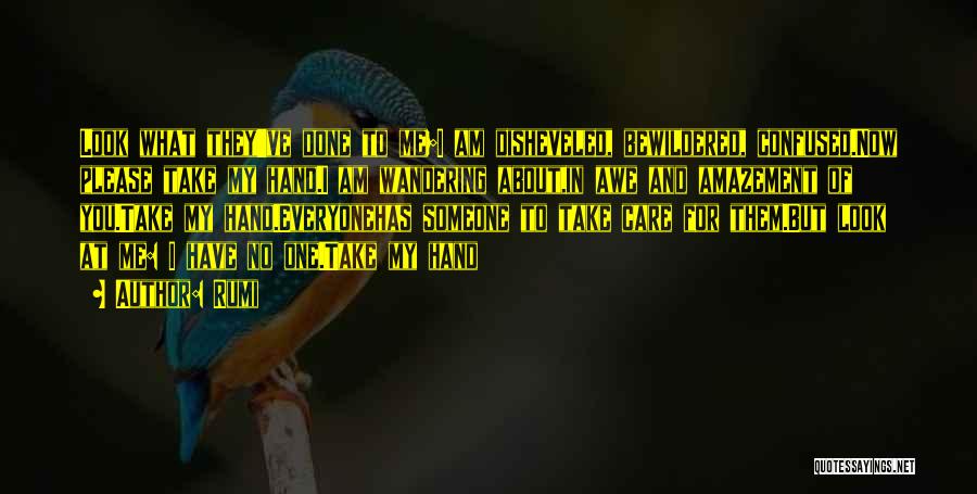 Rumi Quotes: Look What They've Done To Me;i Am Disheveled, Bewildered, Confused.now Please Take My Hand.i Am Wandering About,in Awe And Amazement
