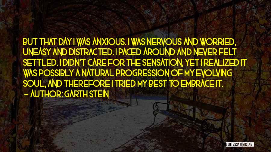 Garth Stein Quotes: But That Day I Was Anxious. I Was Nervous And Worried, Uneasy And Distracted. I Paced Around And Never Felt