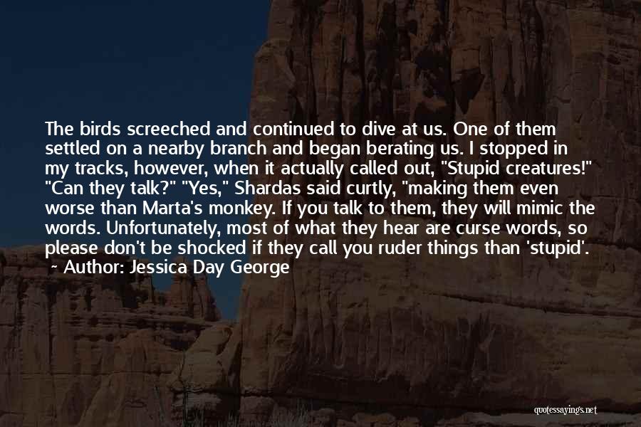 Jessica Day George Quotes: The Birds Screeched And Continued To Dive At Us. One Of Them Settled On A Nearby Branch And Began Berating