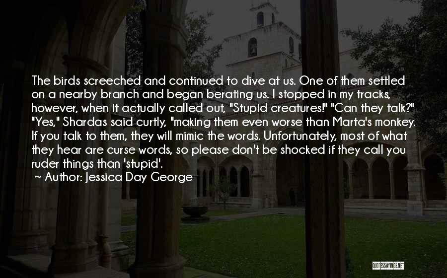 Jessica Day George Quotes: The Birds Screeched And Continued To Dive At Us. One Of Them Settled On A Nearby Branch And Began Berating