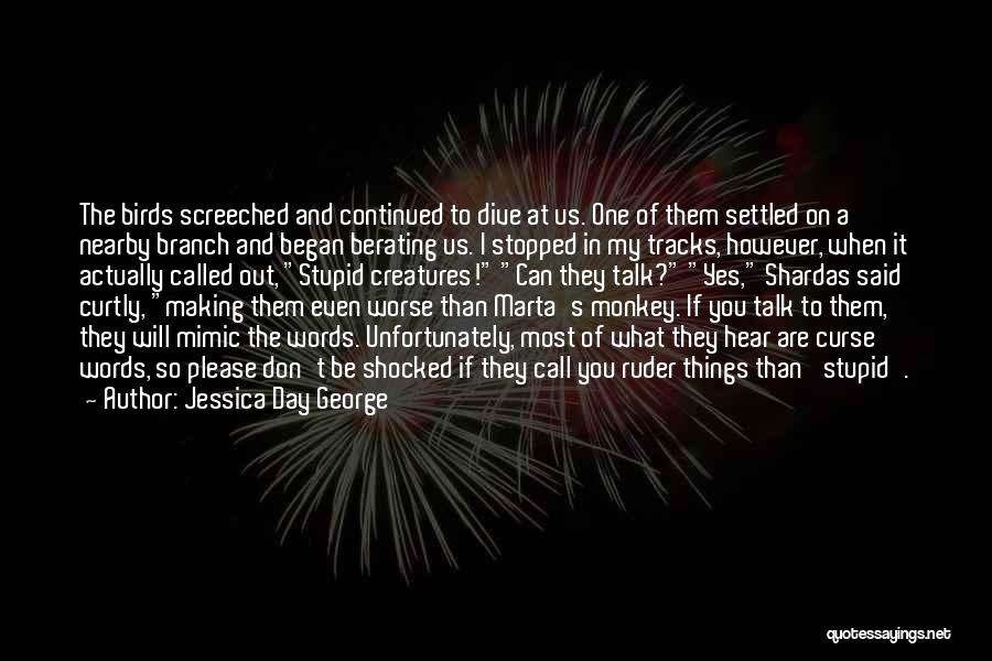 Jessica Day George Quotes: The Birds Screeched And Continued To Dive At Us. One Of Them Settled On A Nearby Branch And Began Berating