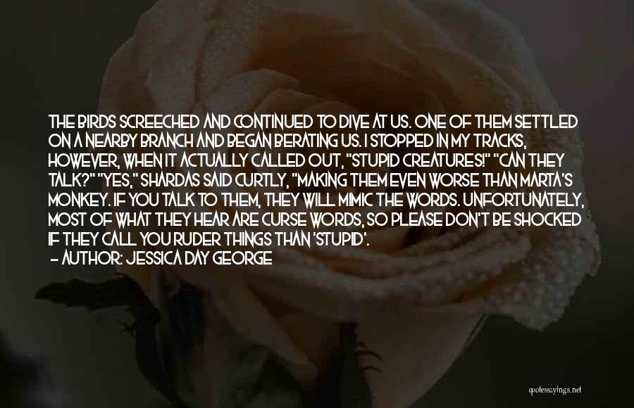 Jessica Day George Quotes: The Birds Screeched And Continued To Dive At Us. One Of Them Settled On A Nearby Branch And Began Berating