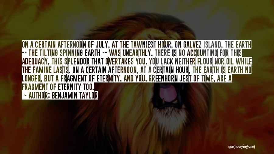 Benjamin Taylor Quotes: On A Certain Afternoon Of July, At The Tawniest Hour, On Galvez Island, The Earth -- The Tilting Spinning Earth