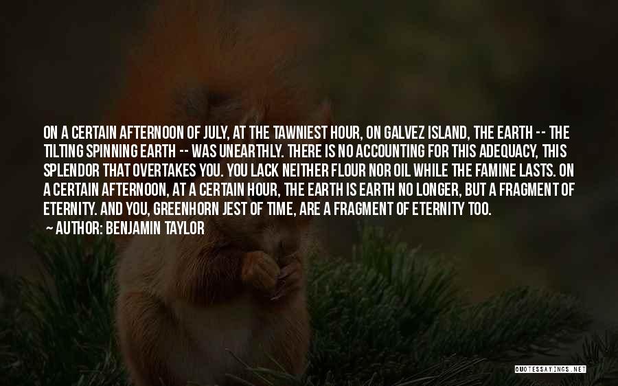 Benjamin Taylor Quotes: On A Certain Afternoon Of July, At The Tawniest Hour, On Galvez Island, The Earth -- The Tilting Spinning Earth