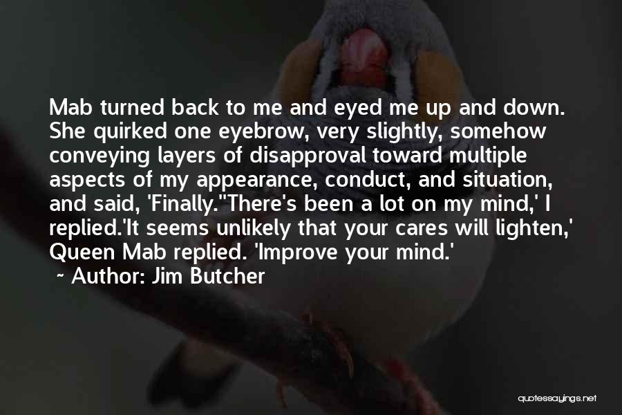 Jim Butcher Quotes: Mab Turned Back To Me And Eyed Me Up And Down. She Quirked One Eyebrow, Very Slightly, Somehow Conveying Layers