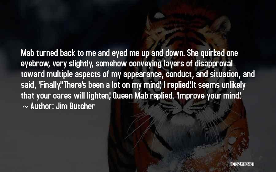 Jim Butcher Quotes: Mab Turned Back To Me And Eyed Me Up And Down. She Quirked One Eyebrow, Very Slightly, Somehow Conveying Layers