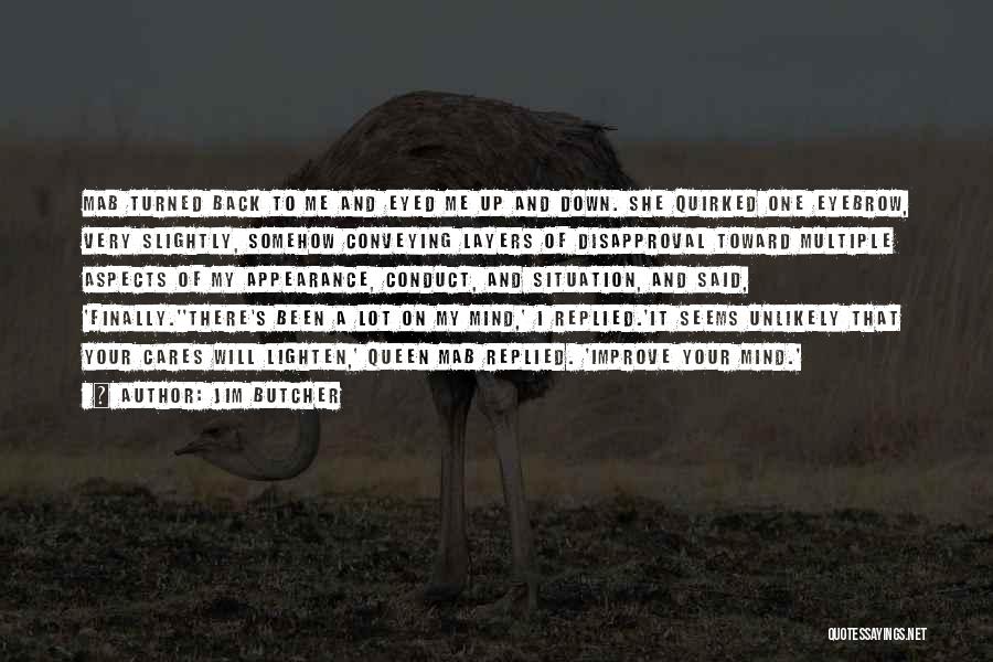 Jim Butcher Quotes: Mab Turned Back To Me And Eyed Me Up And Down. She Quirked One Eyebrow, Very Slightly, Somehow Conveying Layers
