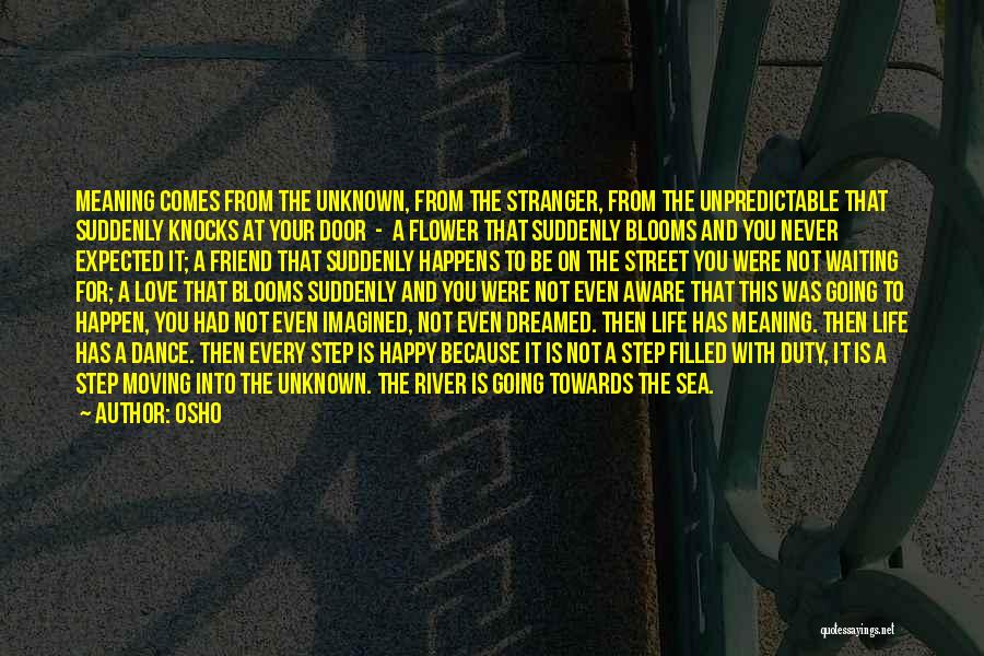 Osho Quotes: Meaning Comes From The Unknown, From The Stranger, From The Unpredictable That Suddenly Knocks At Your Door - A Flower