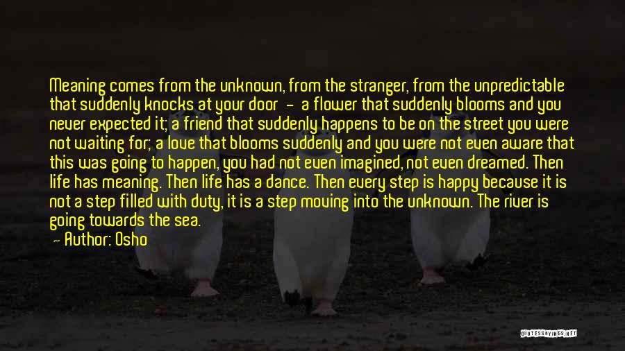 Osho Quotes: Meaning Comes From The Unknown, From The Stranger, From The Unpredictable That Suddenly Knocks At Your Door - A Flower