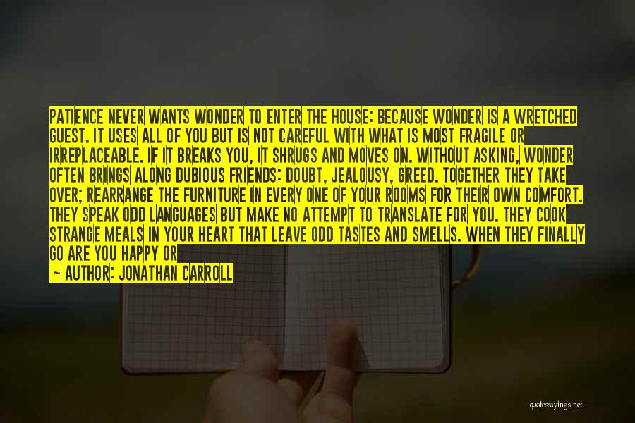 Jonathan Carroll Quotes: Patience Never Wants Wonder To Enter The House: Because Wonder Is A Wretched Guest. It Uses All Of You But