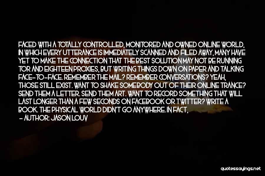 Jason Louv Quotes: Faced With A Totally Controlled, Monitored And Owned Online World, In Which Every Utterance Is Immediately Scanned And Filed Away,