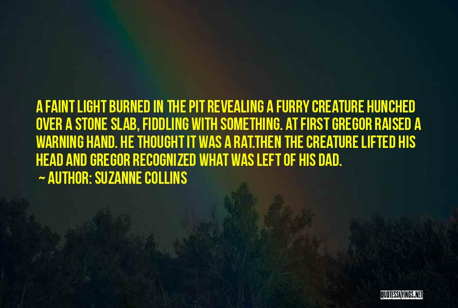 Suzanne Collins Quotes: A Faint Light Burned In The Pit Revealing A Furry Creature Hunched Over A Stone Slab, Fiddling With Something. At