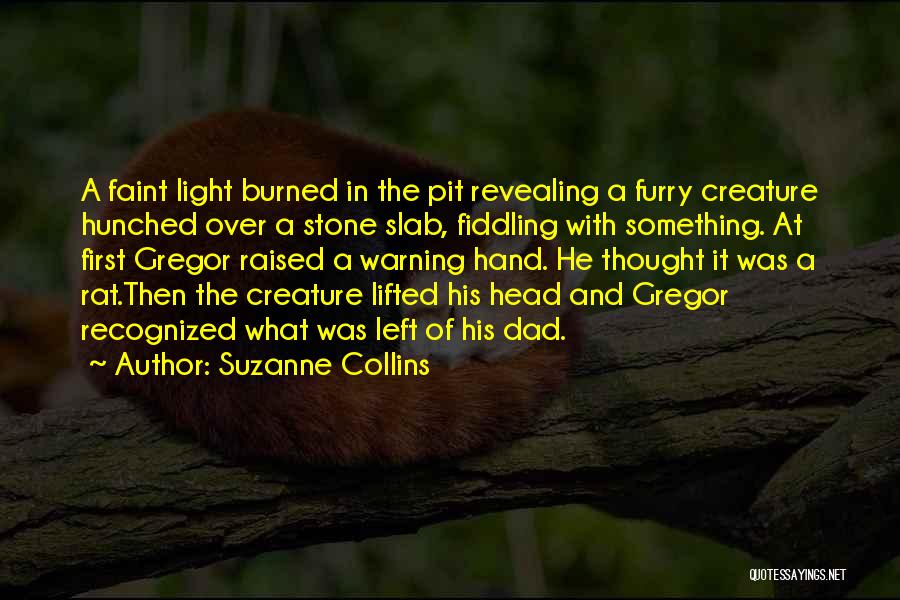 Suzanne Collins Quotes: A Faint Light Burned In The Pit Revealing A Furry Creature Hunched Over A Stone Slab, Fiddling With Something. At