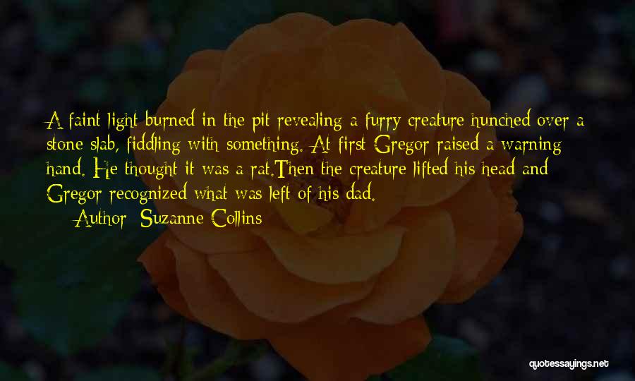 Suzanne Collins Quotes: A Faint Light Burned In The Pit Revealing A Furry Creature Hunched Over A Stone Slab, Fiddling With Something. At