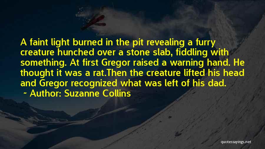 Suzanne Collins Quotes: A Faint Light Burned In The Pit Revealing A Furry Creature Hunched Over A Stone Slab, Fiddling With Something. At