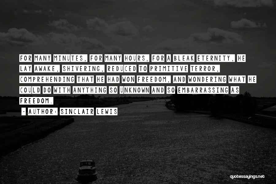 Sinclair Lewis Quotes: For Many Minutes, For Many Hours, For A Bleak Eternity, He Lay Awake, Shivering, Reduced To Primitive Terror, Comprehending That