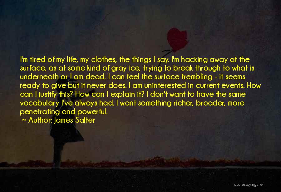 James Salter Quotes: I'm Tired Of My Life, My Clothes, The Things I Say. I'm Hacking Away At The Surface, As At Some