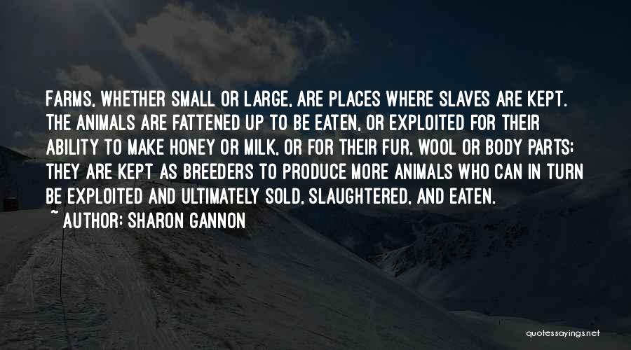 Sharon Gannon Quotes: Farms, Whether Small Or Large, Are Places Where Slaves Are Kept. The Animals Are Fattened Up To Be Eaten, Or