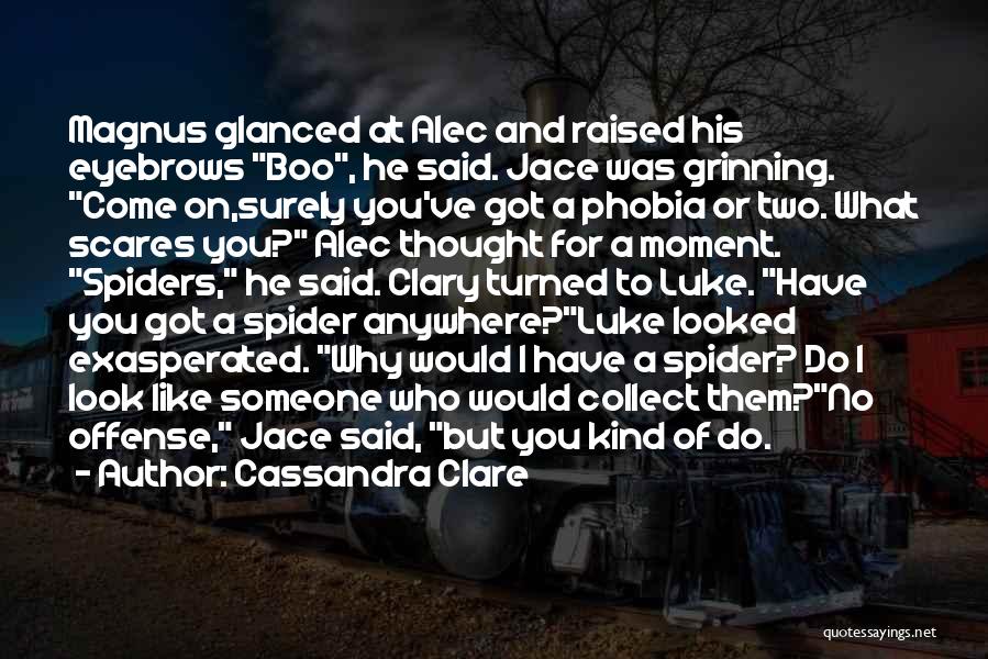 Cassandra Clare Quotes: Magnus Glanced At Alec And Raised His Eyebrows Boo, He Said. Jace Was Grinning. Come On,surely You've Got A Phobia