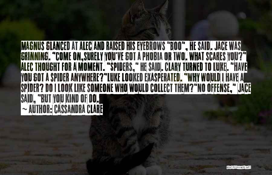 Cassandra Clare Quotes: Magnus Glanced At Alec And Raised His Eyebrows Boo, He Said. Jace Was Grinning. Come On,surely You've Got A Phobia