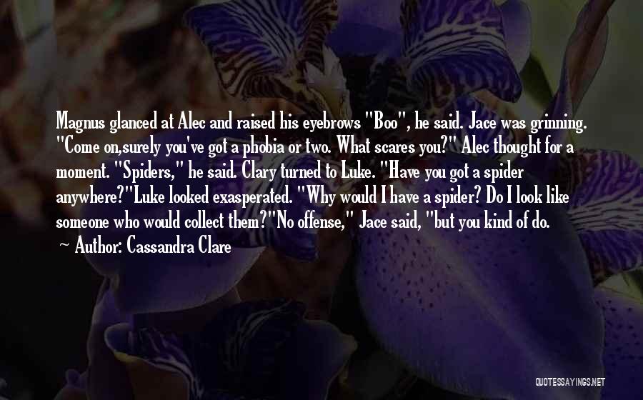 Cassandra Clare Quotes: Magnus Glanced At Alec And Raised His Eyebrows Boo, He Said. Jace Was Grinning. Come On,surely You've Got A Phobia