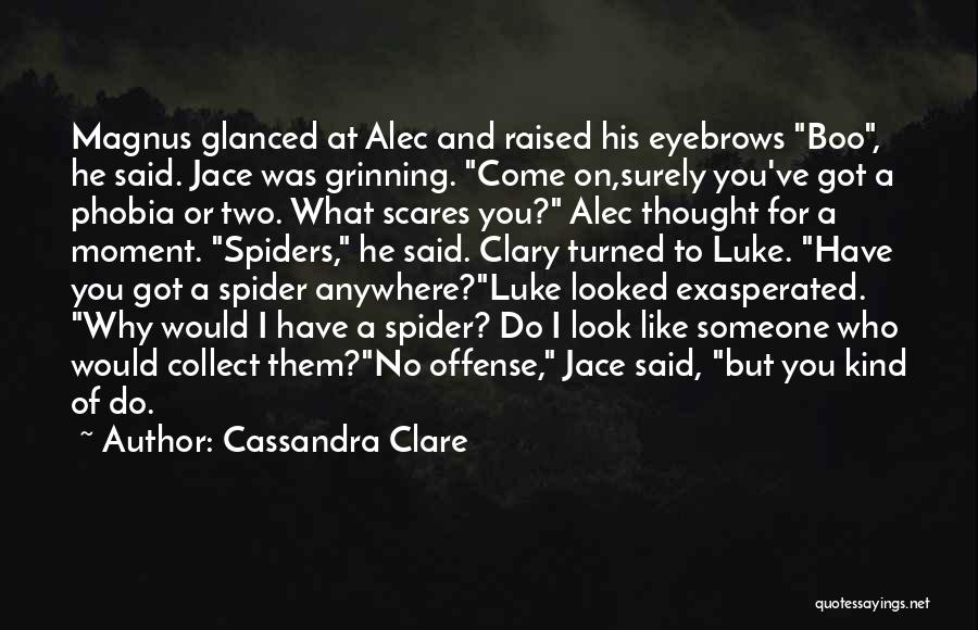 Cassandra Clare Quotes: Magnus Glanced At Alec And Raised His Eyebrows Boo, He Said. Jace Was Grinning. Come On,surely You've Got A Phobia