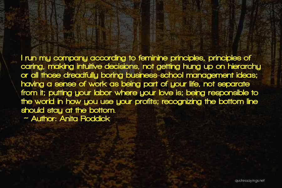 Anita Roddick Quotes: I Run My Company According To Feminine Principles, Principles Of Caring, Making Intuitive Decisions, Not Getting Hung Up On Hierarchy
