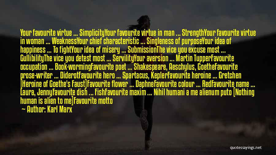 Karl Marx Quotes: Your Favourite Virtue ... Simplicityyour Favourite Virtue In Man ... Strengthyour Favourite Virtue In Woman ... Weaknessyour Chief Characteristic ...