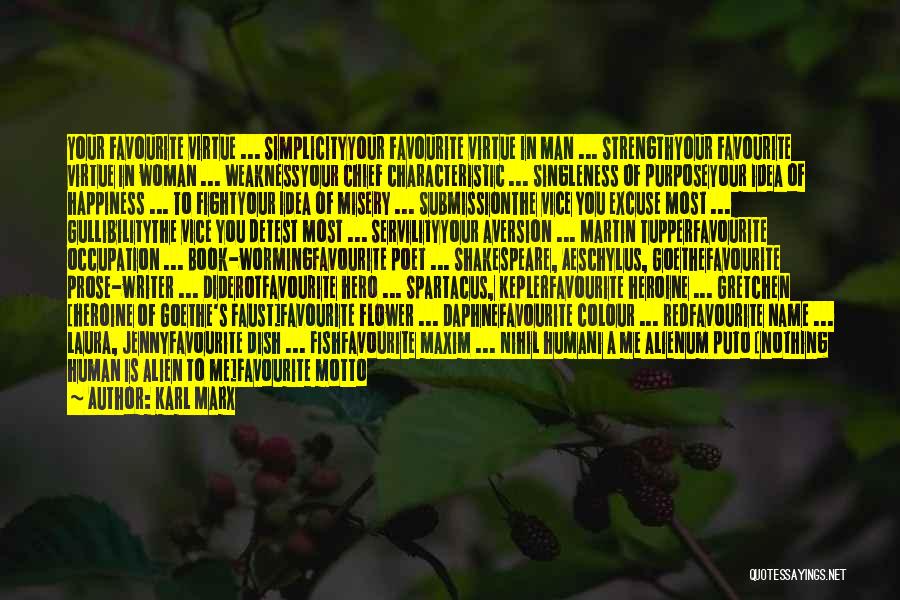 Karl Marx Quotes: Your Favourite Virtue ... Simplicityyour Favourite Virtue In Man ... Strengthyour Favourite Virtue In Woman ... Weaknessyour Chief Characteristic ...
