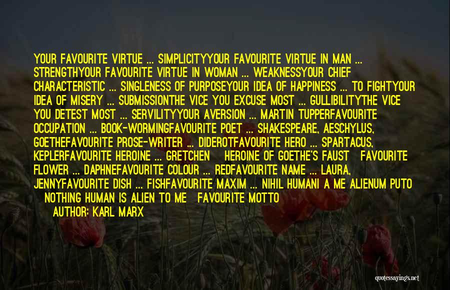 Karl Marx Quotes: Your Favourite Virtue ... Simplicityyour Favourite Virtue In Man ... Strengthyour Favourite Virtue In Woman ... Weaknessyour Chief Characteristic ...