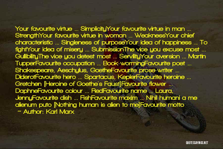 Karl Marx Quotes: Your Favourite Virtue ... Simplicityyour Favourite Virtue In Man ... Strengthyour Favourite Virtue In Woman ... Weaknessyour Chief Characteristic ...