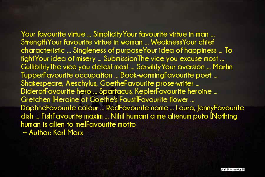 Karl Marx Quotes: Your Favourite Virtue ... Simplicityyour Favourite Virtue In Man ... Strengthyour Favourite Virtue In Woman ... Weaknessyour Chief Characteristic ...