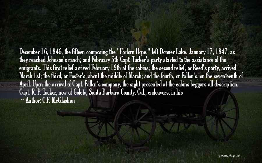 C.F. McGlashan Quotes: December 16, 1846, The Fifteen Composing The Forlorn Hope, Left Donner Lake. January 17, 1847, As They Reached Johnson's Ranch;
