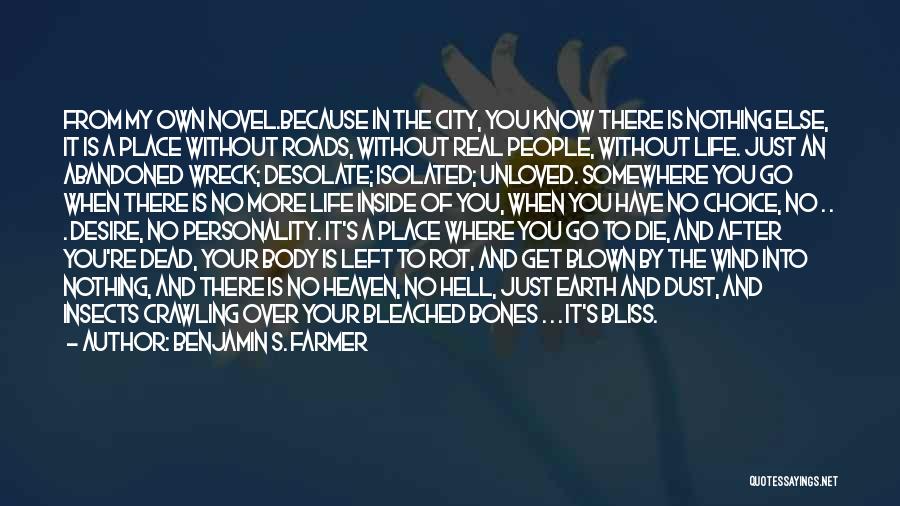 Benjamin S. Farmer Quotes: From My Own Novel.because In The City, You Know There Is Nothing Else, It Is A Place Without Roads, Without