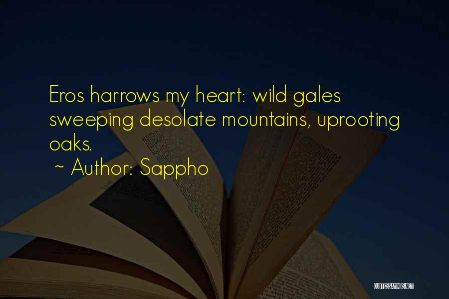 Sappho Quotes: Eros Harrows My Heart: Wild Gales Sweeping Desolate Mountains, Uprooting Oaks.