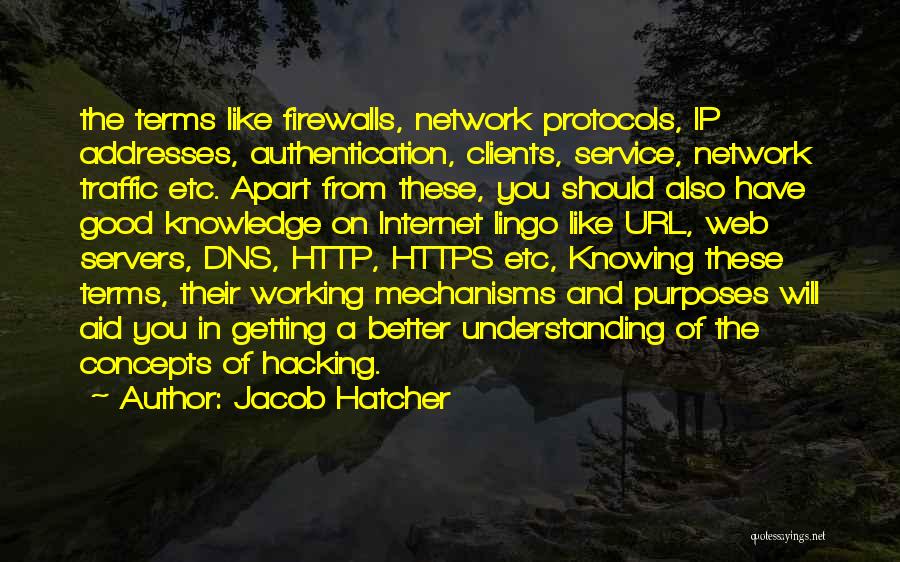 Jacob Hatcher Quotes: The Terms Like Firewalls, Network Protocols, Ip Addresses, Authentication, Clients, Service, Network Traffic Etc. Apart From These, You Should Also