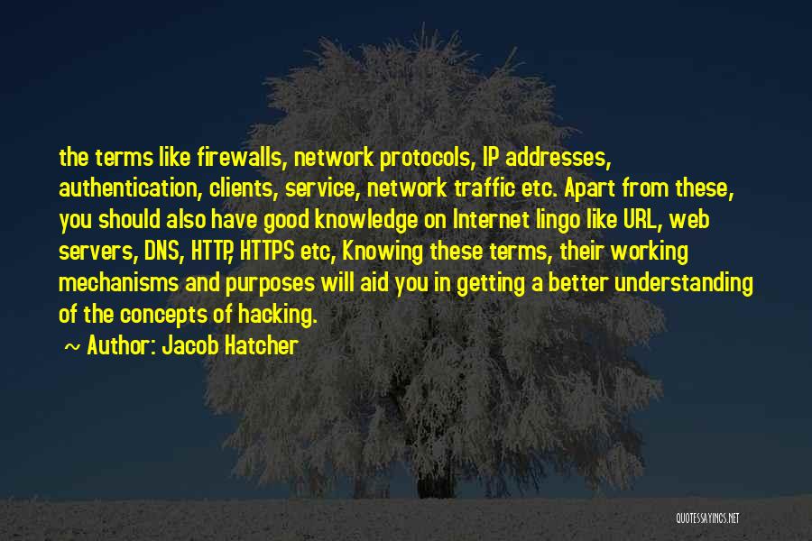 Jacob Hatcher Quotes: The Terms Like Firewalls, Network Protocols, Ip Addresses, Authentication, Clients, Service, Network Traffic Etc. Apart From These, You Should Also