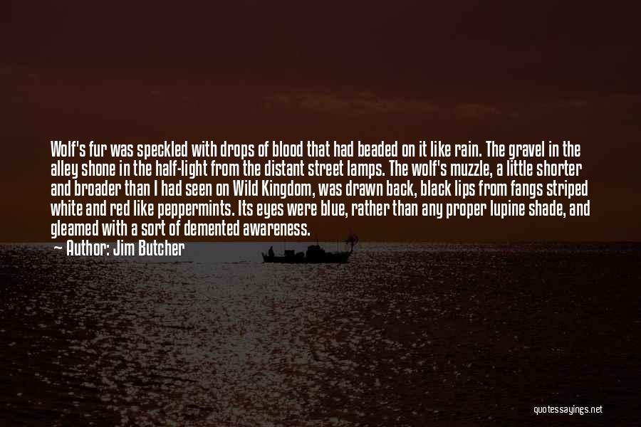 Jim Butcher Quotes: Wolf's Fur Was Speckled With Drops Of Blood That Had Beaded On It Like Rain. The Gravel In The Alley