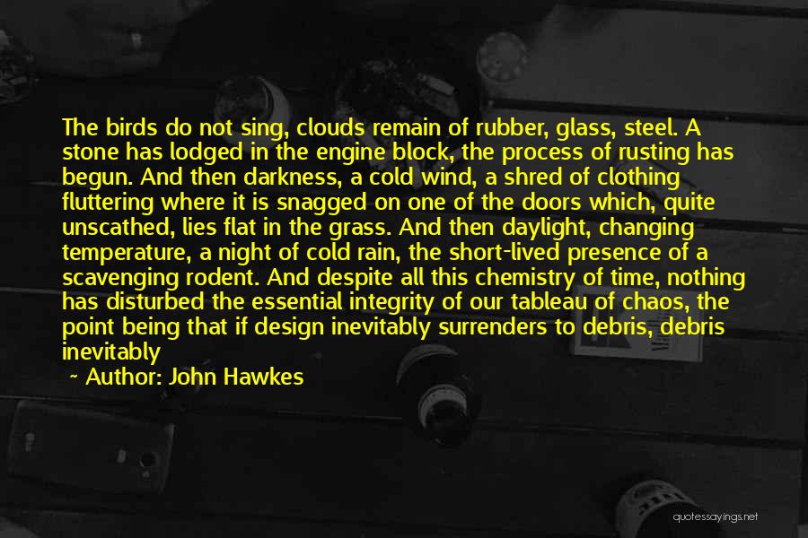 John Hawkes Quotes: The Birds Do Not Sing, Clouds Remain Of Rubber, Glass, Steel. A Stone Has Lodged In The Engine Block, The