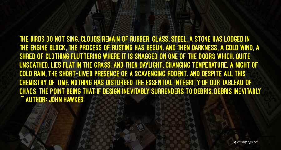 John Hawkes Quotes: The Birds Do Not Sing, Clouds Remain Of Rubber, Glass, Steel. A Stone Has Lodged In The Engine Block, The