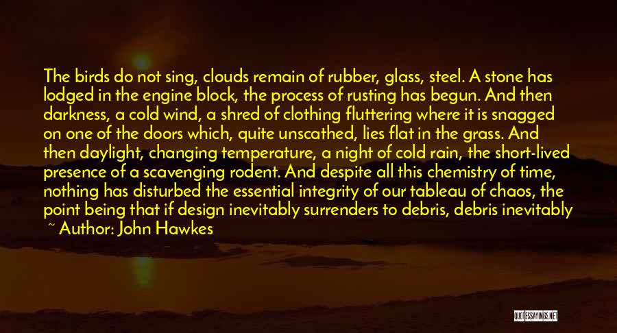 John Hawkes Quotes: The Birds Do Not Sing, Clouds Remain Of Rubber, Glass, Steel. A Stone Has Lodged In The Engine Block, The